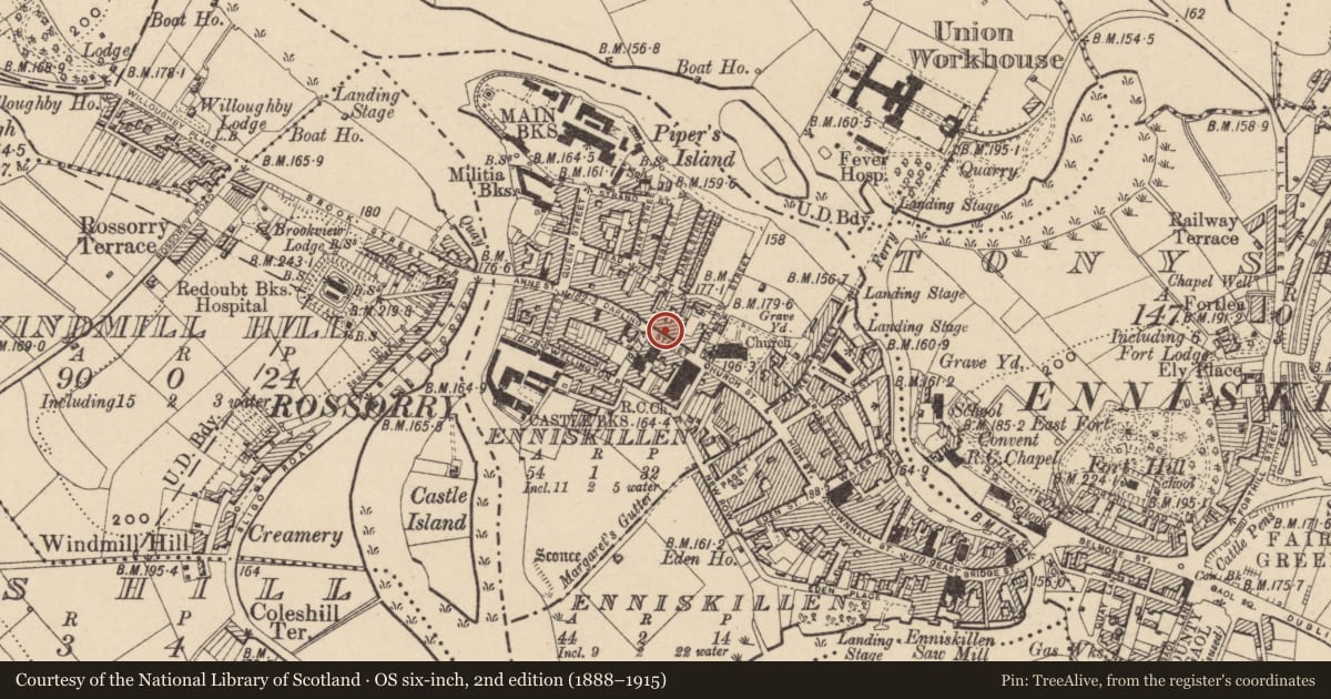 Ordnance Survey six-inch map, 2nd edition (1888–1915) covering the location of 7 Darling St., Fermanagh and Omagh, with a pin at the register's coordinates