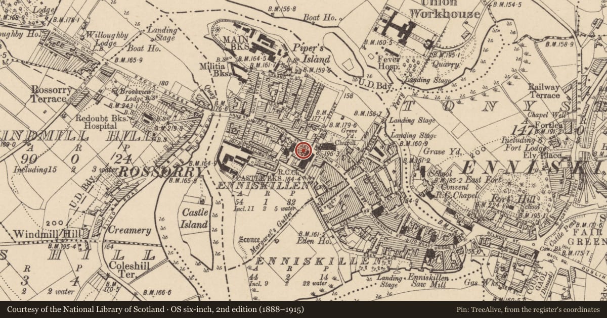 Ordnance Survey six-inch map, 2nd edition (1888–1915) covering the location of 4 Darling St., Fermanagh and Omagh, with a pin at the register's coordinates