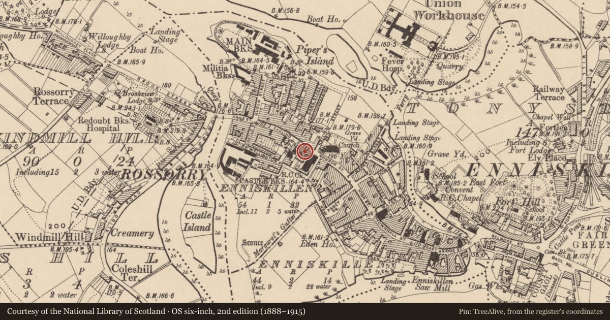 Ordnance Survey six-inch map, 2nd edition (1888–1915) covering the location of 6 Darling St., Fermanagh and Omagh, with a pin at the register's coordinates