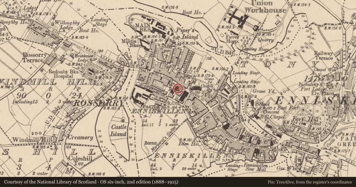 Ordnance Survey six-inch map, 2nd edition (1888–1915) covering the location of 10 Darling St., Fermanagh and Omagh, with a pin at the register's coordinates