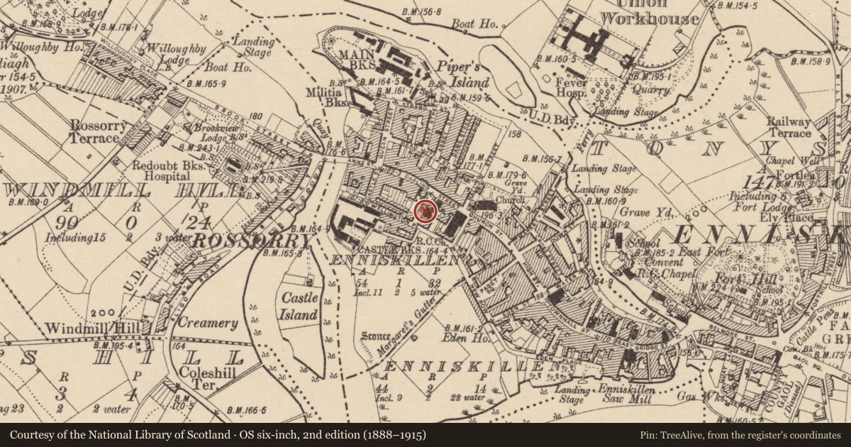 Ordnance Survey six-inch map, 2nd edition (1888–1915) covering the location of Methodist Church Hall, Fermanagh and Omagh, with a pin at the register's coordinates
