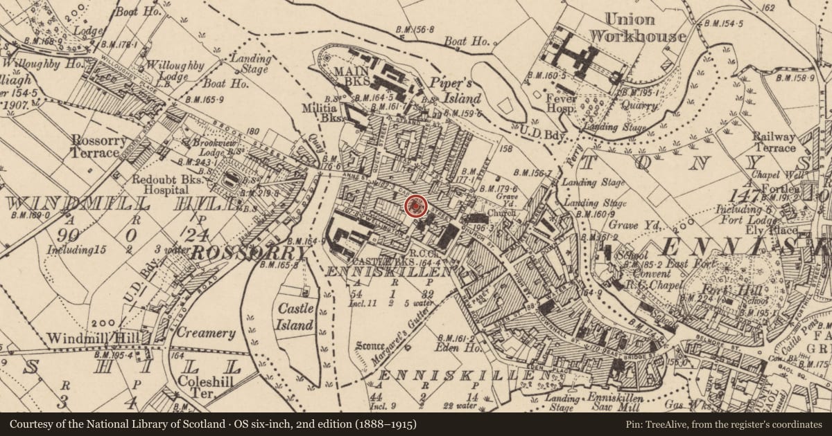 Ordnance Survey six-inch map, 2nd edition (1888–1915) covering the location of Ulster Bank House, Fermanagh and Omagh, with a pin at the register's coordinates