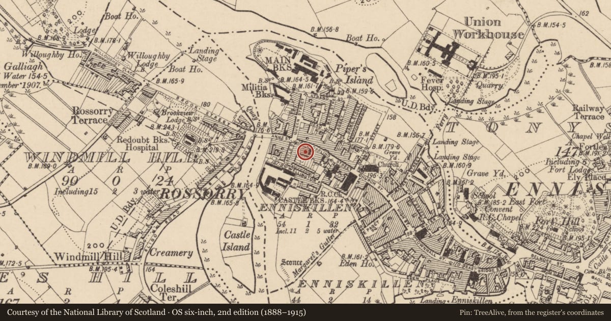 Ordnance Survey six-inch map, 2nd edition (1888–1915) covering the location of 30 Darling St., Fermanagh and Omagh, with a pin at the register's coordinates