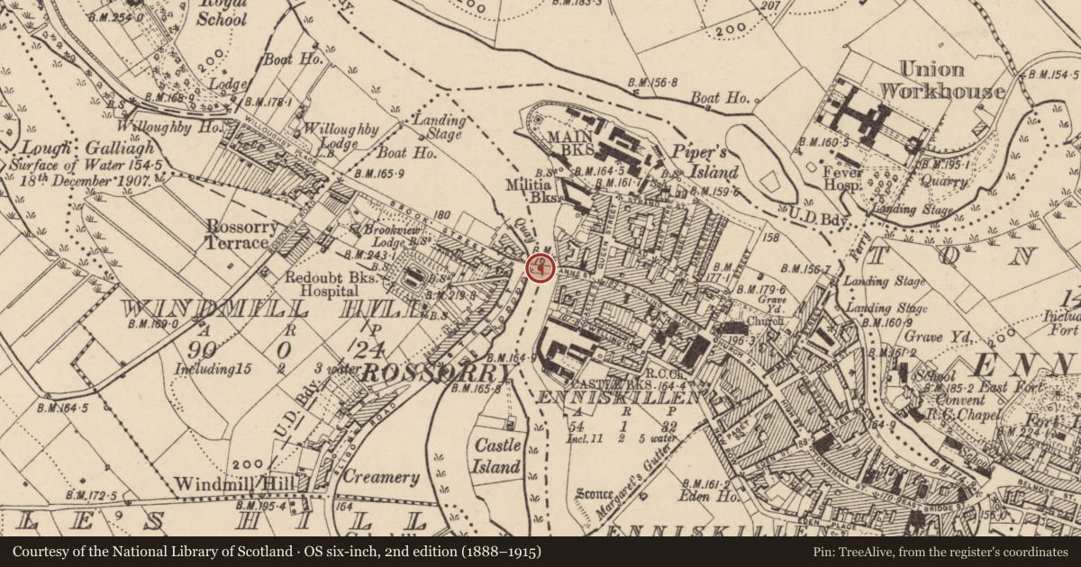 Ordnance Survey six-inch map, 2nd edition (1888–1915) covering the location of Erne Or West Bridge, Fermanagh and Omagh, with a pin at the register's coordinates