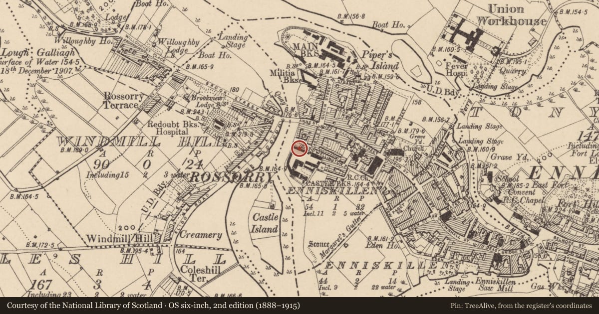 Ordnance Survey six-inch map, 2nd edition (1888–1915) covering the location of BLOCK B, Fermanagh and Omagh, with a pin at the register's coordinates