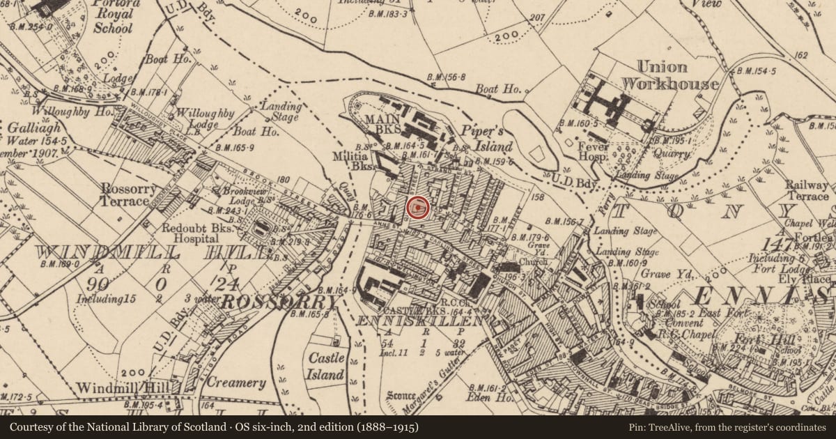 Ordnance Survey six-inch map, 2nd edition (1888–1915) covering the location of Proctor'S Flats, Fermanagh and Omagh, with a pin at the register's coordinates
