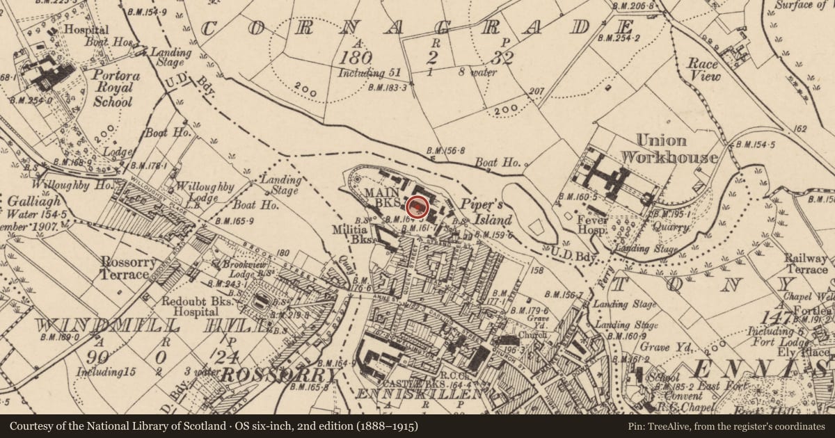 Ordnance Survey six-inch map, 2nd edition (1888–1915) covering the location of Main Block, Fermanagh and Omagh, with a pin at the register's coordinates