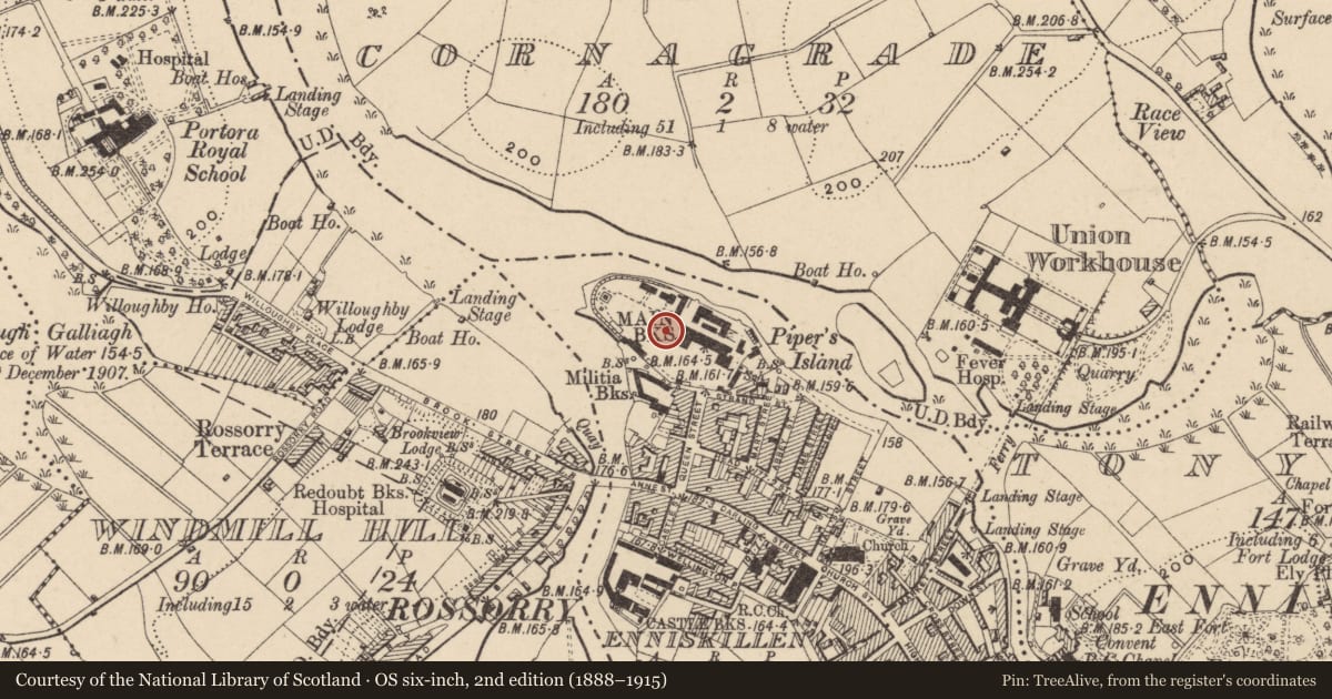 Ordnance Survey six-inch map, 2nd edition (1888–1915) covering the location of Warden's House, Enniskillen, Fermanagh and Omagh, with a pin at the register's coordinates