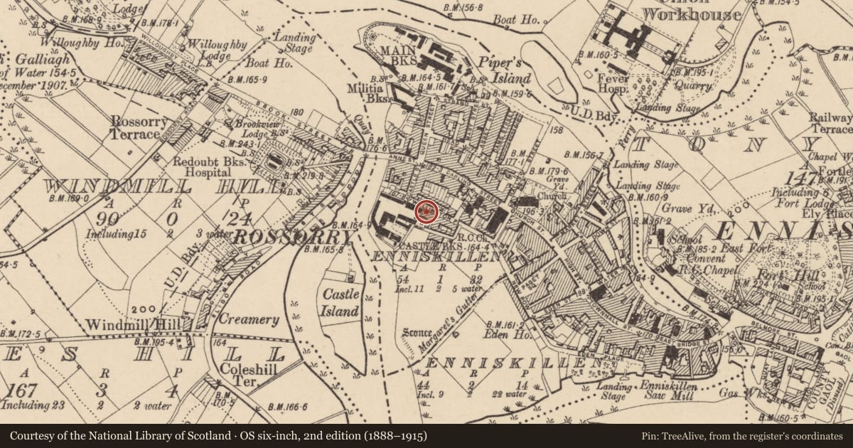 Ordnance Survey six-inch map, 2nd edition (1888–1915) covering the location of South African War Memorial, Fermanagh and Omagh, with a pin at the register's coordinates