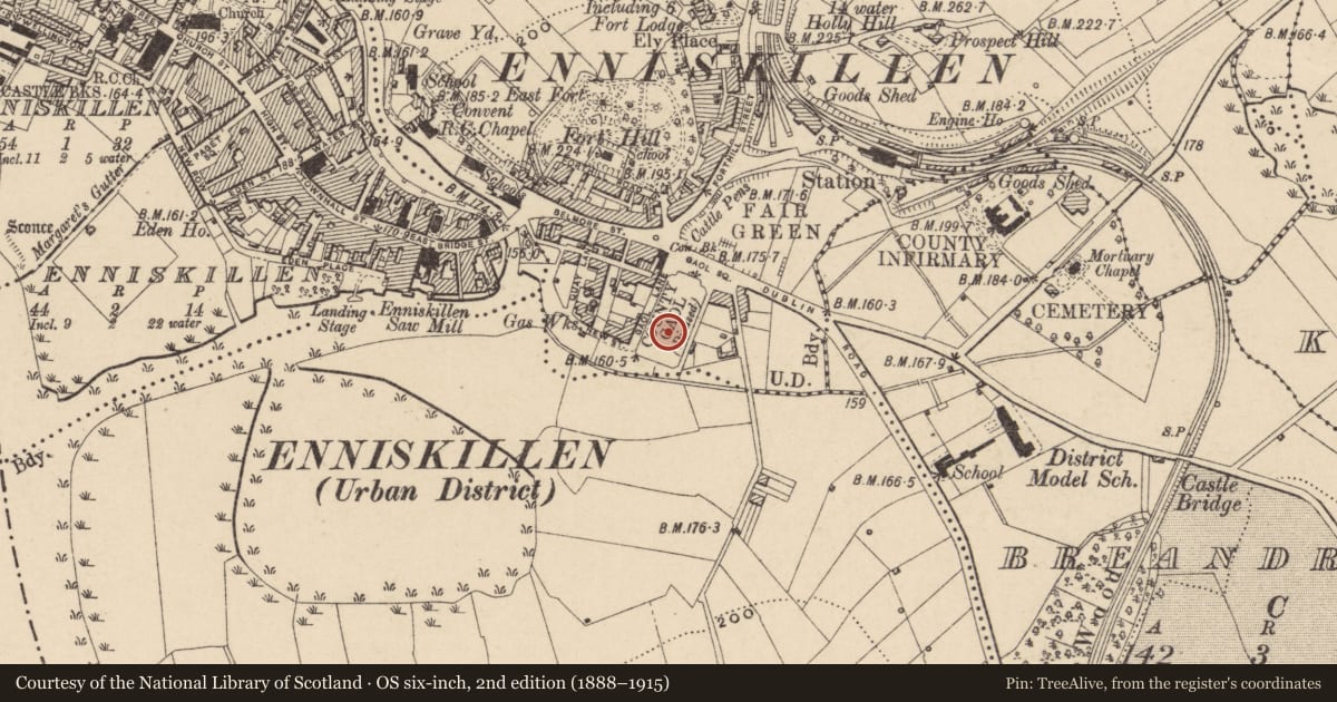 Ordnance Survey six-inch map, 2nd edition (1888–1915) covering the location of Gymnasium Block, Fermanagh and Omagh, with a pin at the register's coordinates