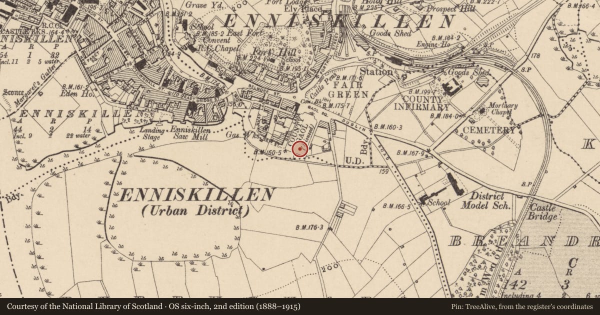 Ordnance Survey six-inch map, 2nd edition (1888–1915) covering the location of Music Department Technical College, Fermanagh and Omagh, with a pin at the register's coordinates