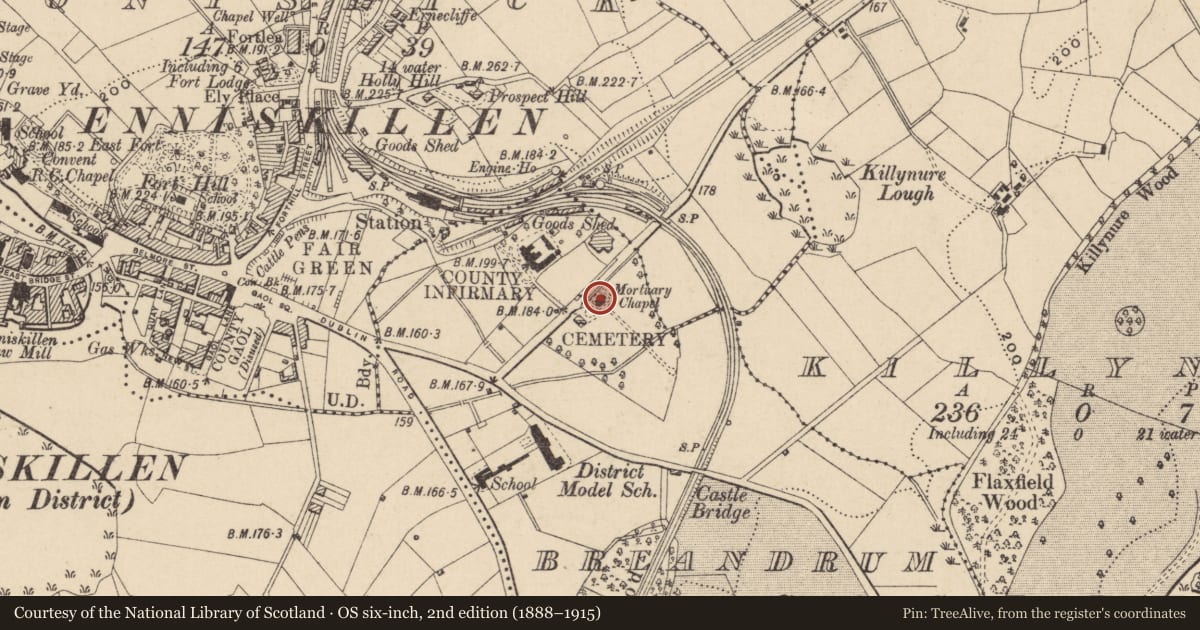 Ordnance Survey six-inch map, 2nd edition (1888–1915) covering the location of Mortuary Chapel, Fermanagh and Omagh, with a pin at the register's coordinates