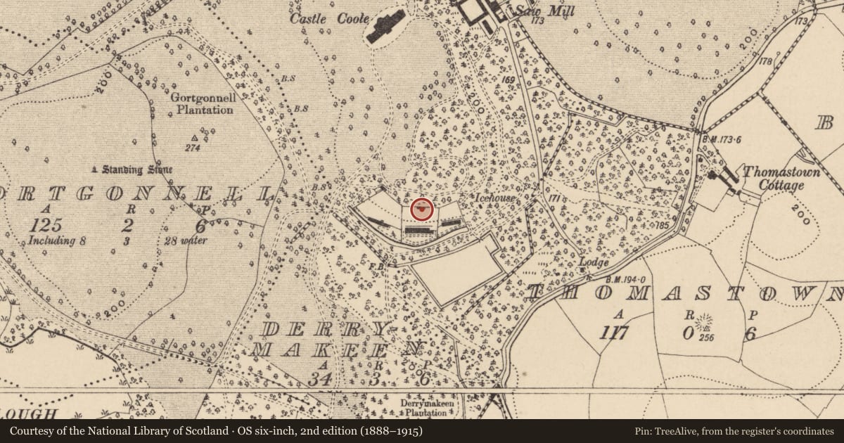 Ordnance Survey six-inch map, 2nd edition (1888–1915) covering the location of Sundial And Steps In Walled Garden, Fermanagh and Omagh, with a pin at the register's coordinates