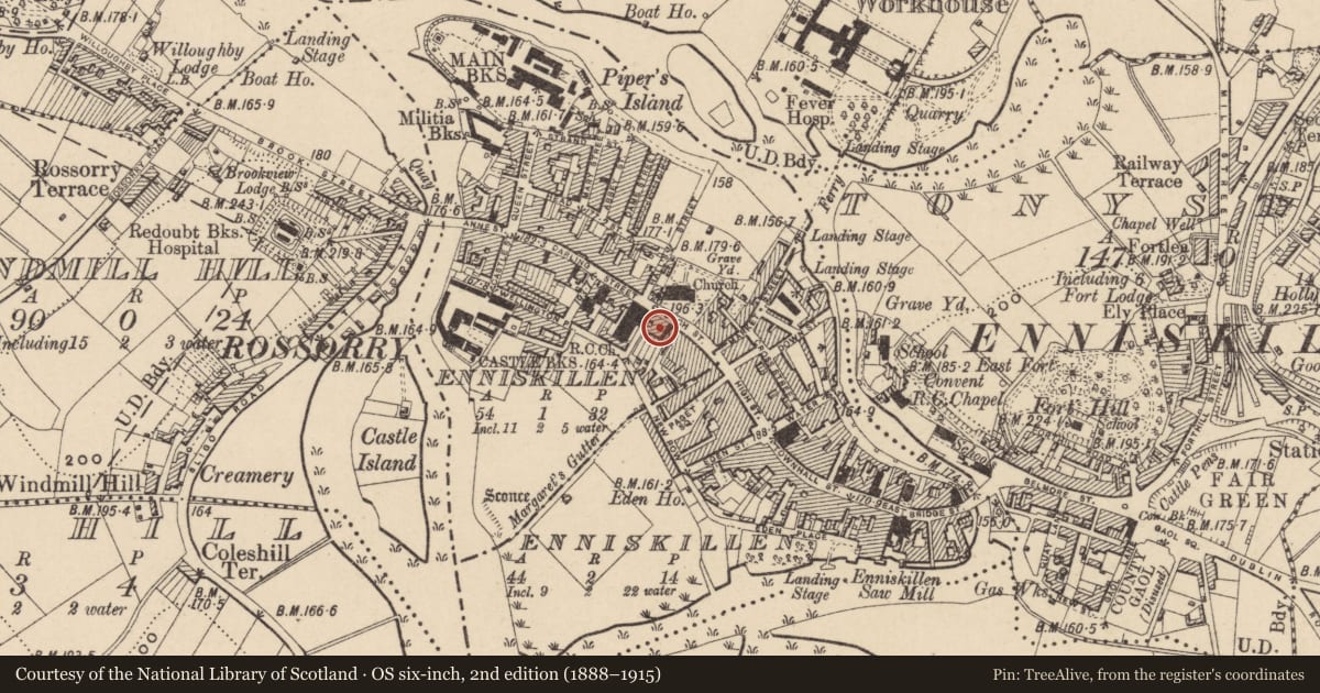 Ordnance Survey six-inch map, 2nd edition (1888–1915) covering the location of 22 Church St., Fermanagh and Omagh, with a pin at the register's coordinates