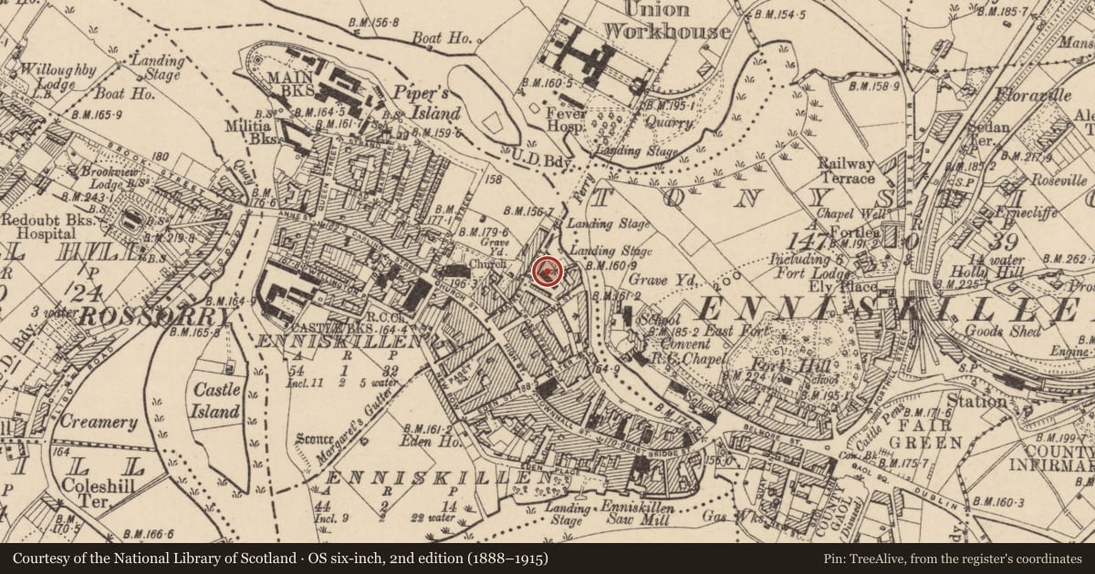 Ordnance Survey six-inch map, 2nd edition (1888–1915) covering the location of The Butter Market, Fermanagh and Omagh, with a pin at the register's coordinates