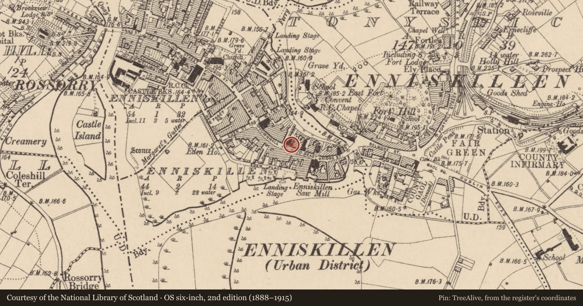 Ordnance Survey six-inch map, 2nd edition (1888–1915) covering the location of The Bush Bar, Fermanagh and Omagh, with a pin at the register's coordinates