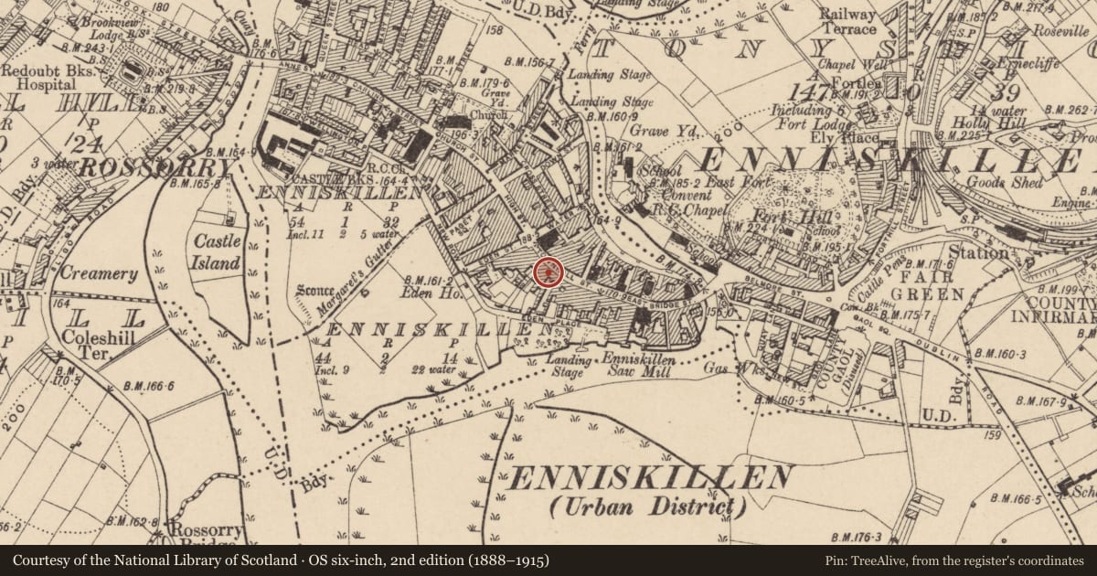 Ordnance Survey six-inch map, 2nd edition (1888–1915) covering the location of Vintage Bar, Fermanagh and Omagh, with a pin at the register's coordinates