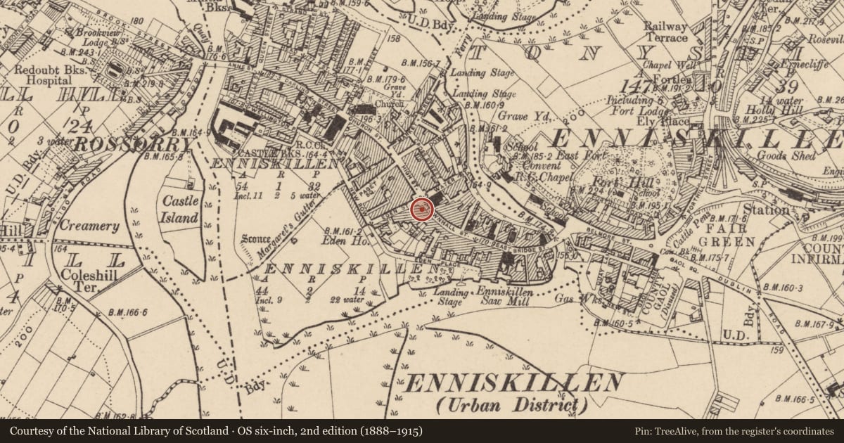 Ordnance Survey six-inch map, 2nd edition (1888–1915) covering the location of 1-5 Townhall St., Fermanagh and Omagh, with a pin at the register's coordinates