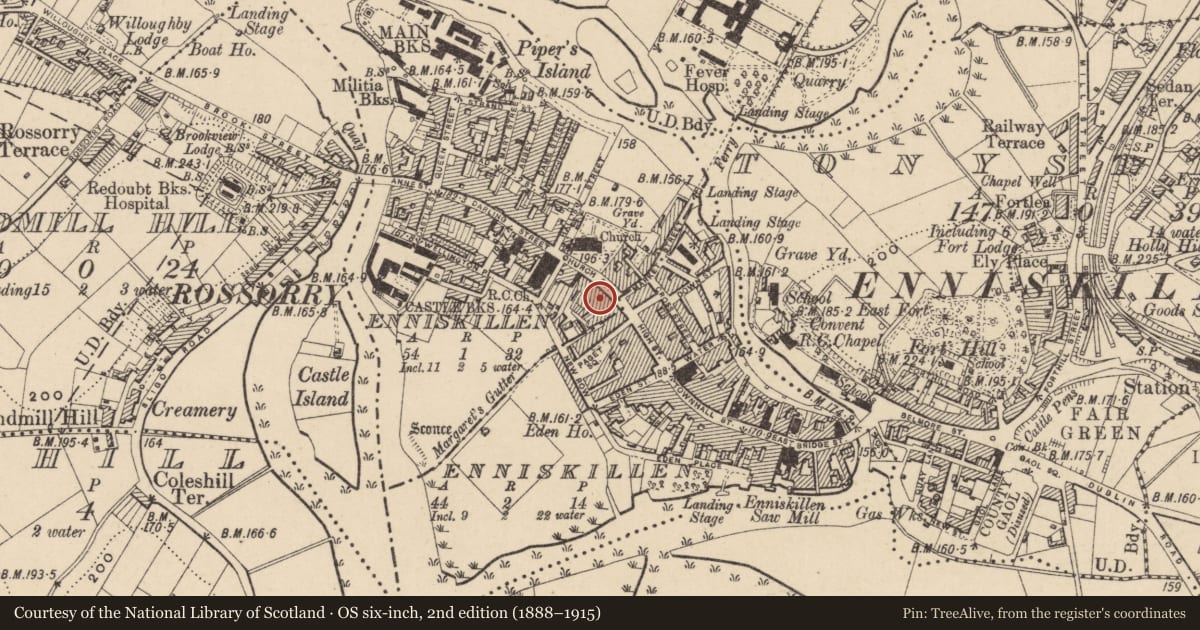 Ordnance Survey six-inch map, 2nd edition (1888–1915) covering the location of Blake'S Bar, Fermanagh and Omagh, with a pin at the register's coordinates