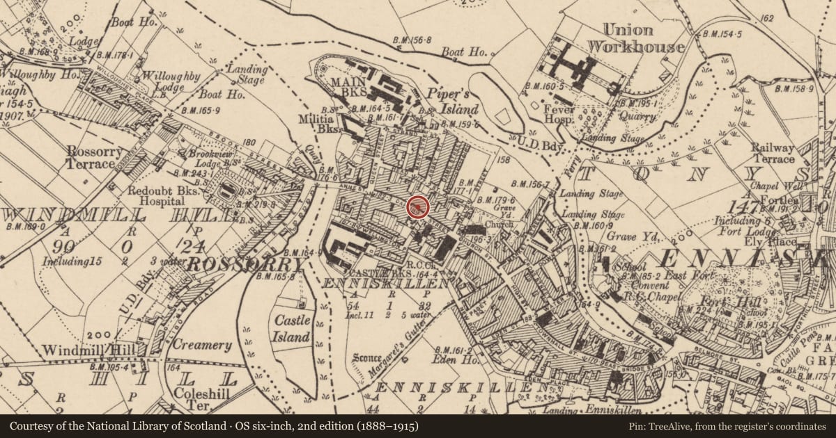 Ordnance Survey six-inch map, 2nd edition (1888–1915) covering the location of 17 Darling St., Fermanagh and Omagh, with a pin at the register's coordinates