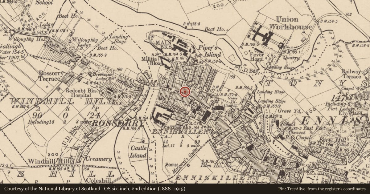 Ordnance Survey six-inch map, 2nd edition (1888–1915) covering the location of The Harp And Crown, Fermanagh and Omagh, with a pin at the register's coordinates