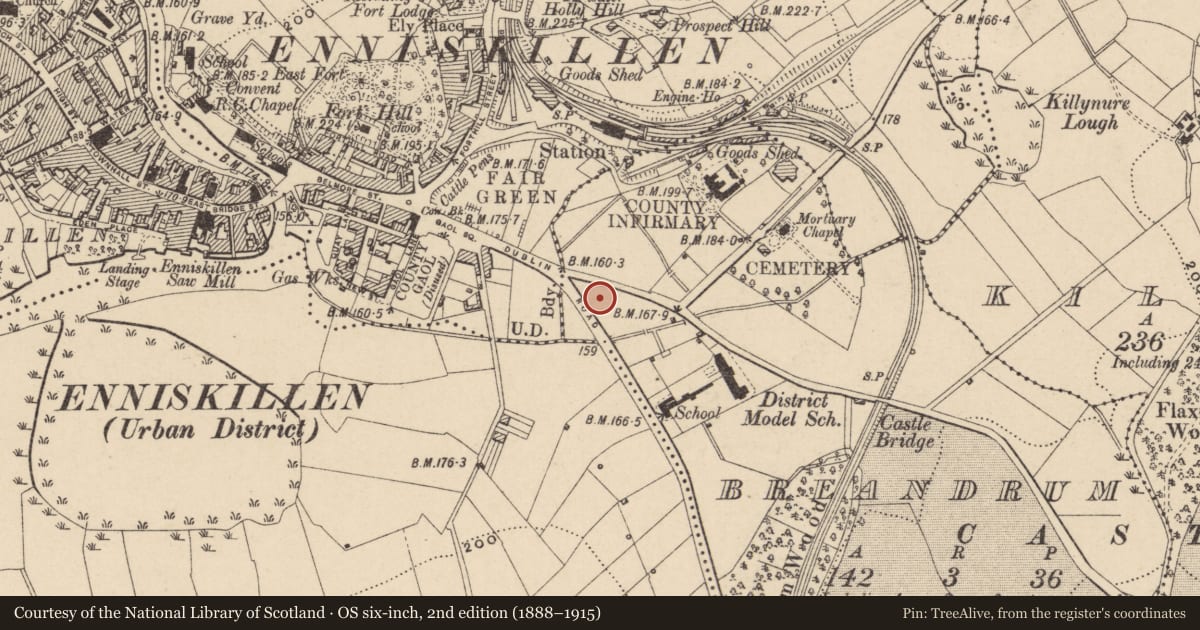 Ordnance Survey six-inch map, 2nd edition (1888–1915) covering the location of Masonic Hall, Fermanagh and Omagh, with a pin at the register's coordinates