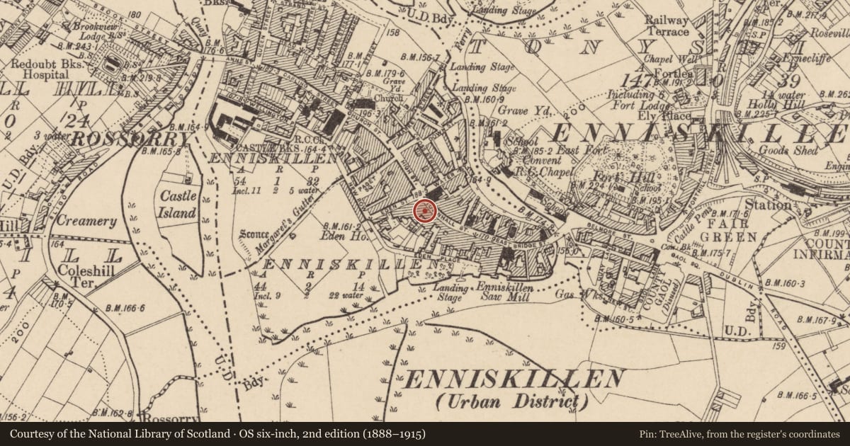 Ordnance Survey six-inch map, 2nd edition (1888–1915) covering the location of Bank Of Ireland, Fermanagh and Omagh, with a pin at the register's coordinates