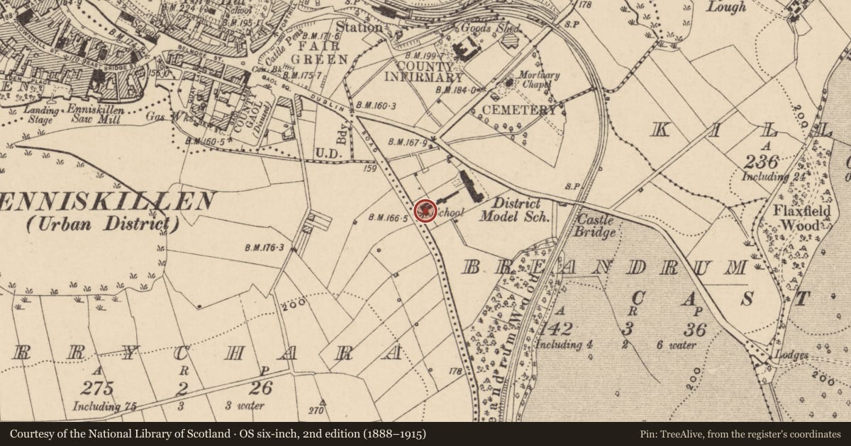 Ordnance Survey six-inch map, 2nd edition (1888–1915) covering the location of Model School House Education Offices, 28 Dublin Road, Enniskillen BT74 6HN, Fermanagh and Omagh, with a pin at the register's coordinates