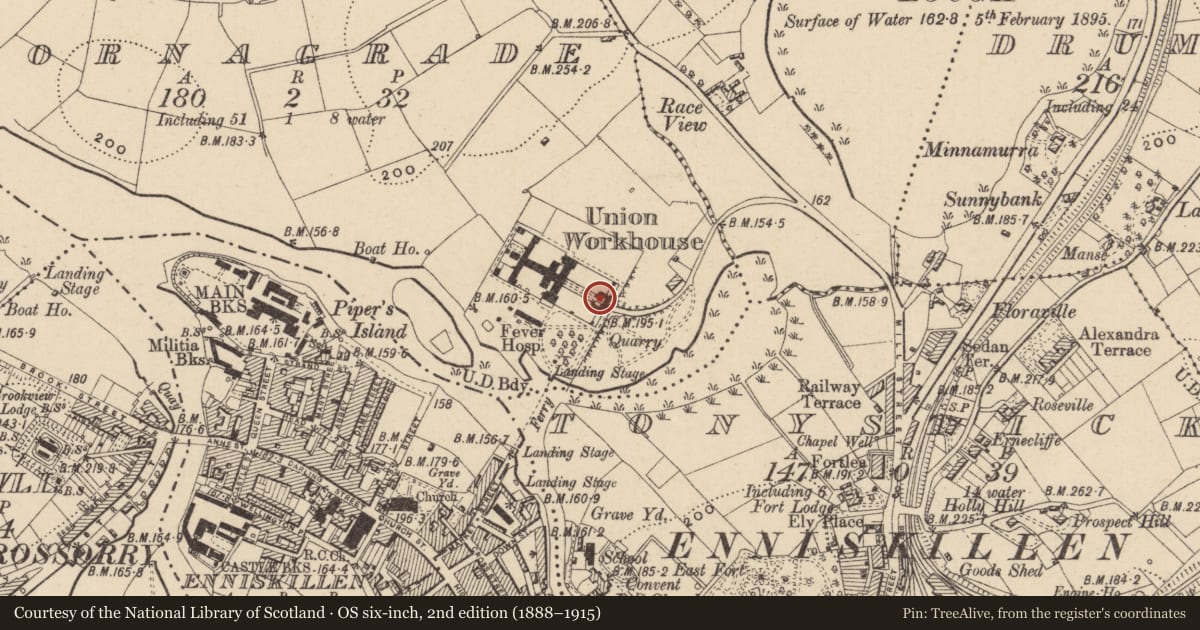 Ordnance Survey six-inch map, 2nd edition (1888–1915) covering the location of Former Enniskillen Workhouse, Cornagrade, Fermanagh and Omagh, with a pin at the register's coordinates