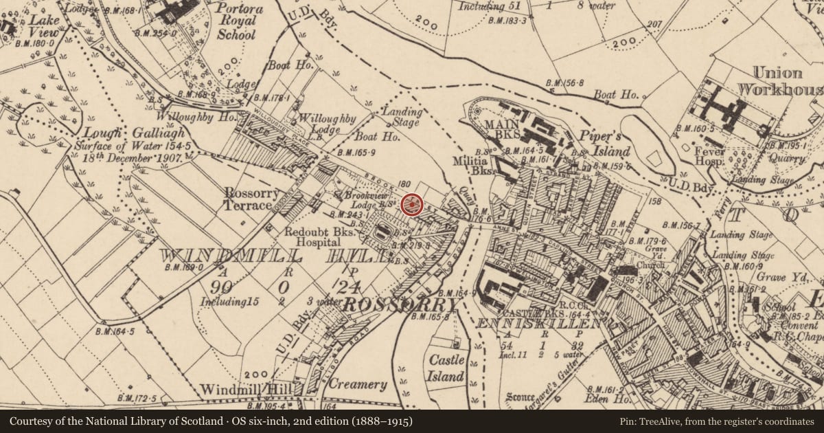 Ordnance Survey six-inch map, 2nd edition (1888–1915) covering the location of 24 The Brook, Fermanagh and Omagh, with a pin at the register's coordinates