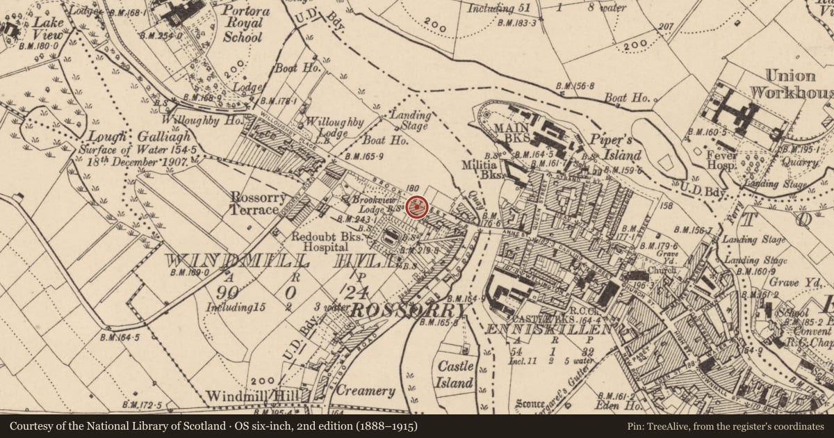 Ordnance Survey six-inch map, 2nd edition (1888–1915) covering the location of 26 The Brook, Fermanagh and Omagh, with a pin at the register's coordinates