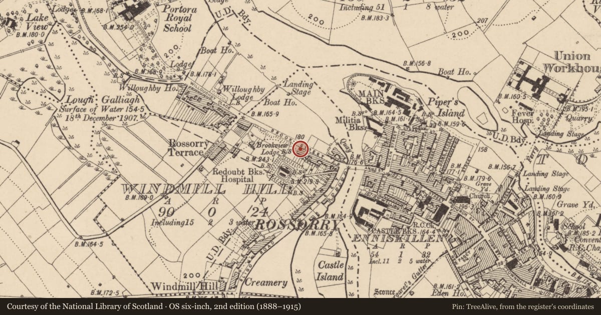 Ordnance Survey six-inch map, 2nd edition (1888–1915) covering the location of 28 The Brook, Fermanagh and Omagh, with a pin at the register's coordinates