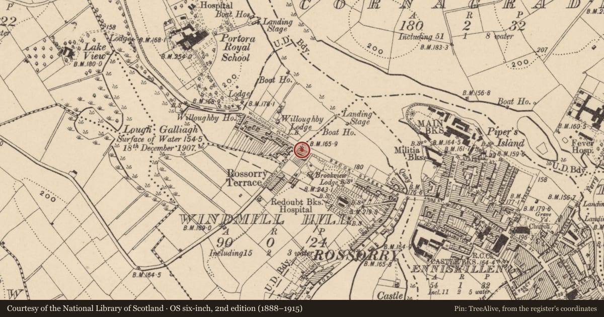 Ordnance Survey six-inch map, 2nd edition (1888–1915) covering the location of 40-52 The Brook, Fermanagh and Omagh, with a pin at the register's coordinates