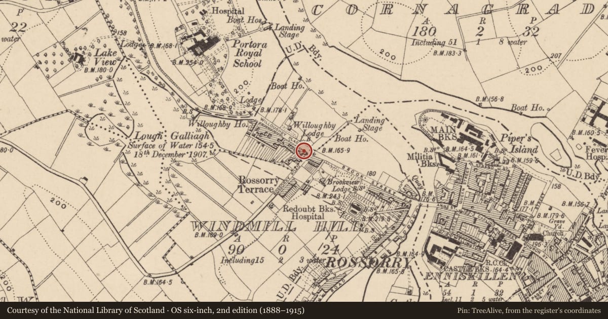 Ordnance Survey six-inch map, 2nd edition (1888–1915) covering the location of 2 Willoughby Place, Fermanagh and Omagh, with a pin at the register's coordinates
