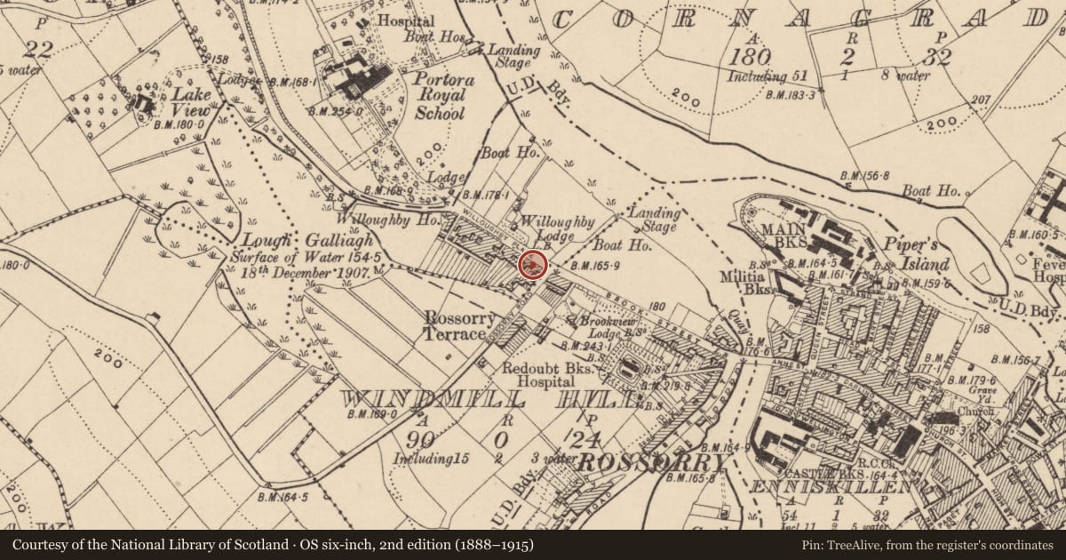 Ordnance Survey six-inch map, 2nd edition (1888–1915) covering the location of 4 Willoughby Place, Fermanagh and Omagh, with a pin at the register's coordinates