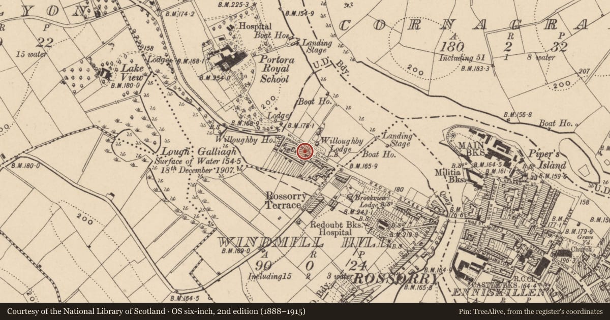 Ordnance Survey six-inch map, 2nd edition (1888–1915) covering the location of 24 Willoughby Place, Fermanagh and Omagh, with a pin at the register's coordinates