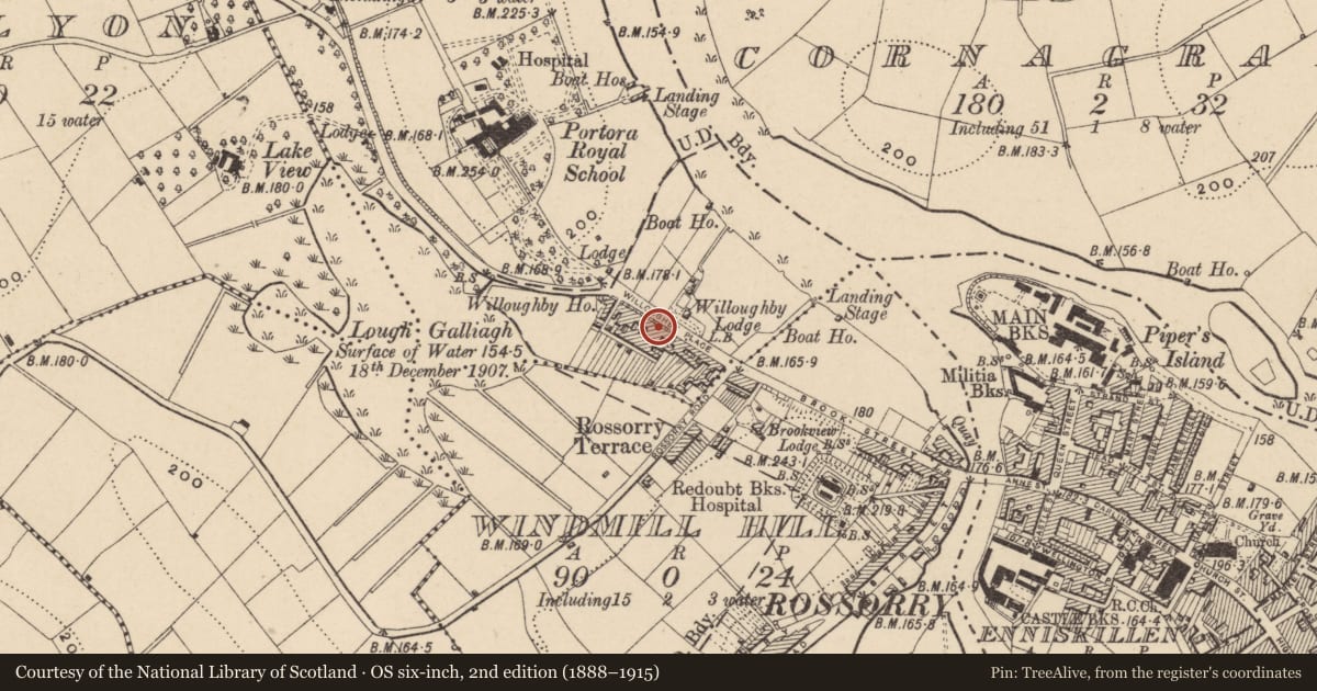 Ordnance Survey six-inch map, 2nd edition (1888–1915) covering the location of 26 Willoughby Place, Fermanagh and Omagh, with a pin at the register's coordinates
