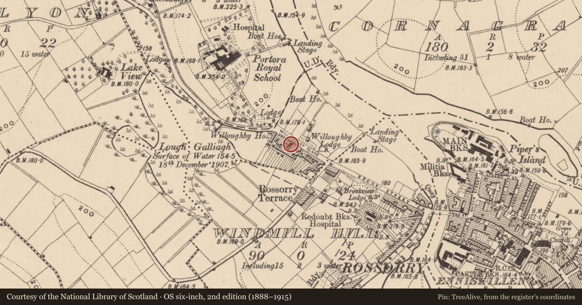 Ordnance Survey six-inch map, 2nd edition (1888–1915) covering the location of 30 Willoughby Place, Fermanagh and Omagh, with a pin at the register's coordinates