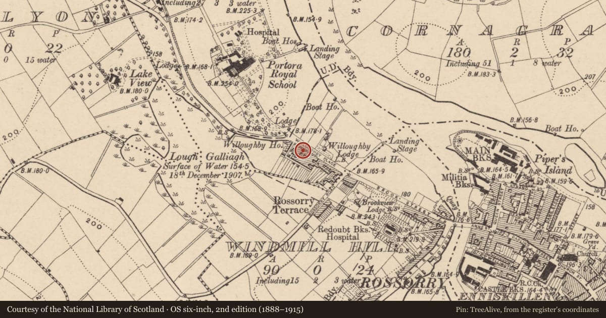 Ordnance Survey six-inch map, 2nd edition (1888–1915) covering the location of 34 Willoughby Place, Fermanagh and Omagh, with a pin at the register's coordinates