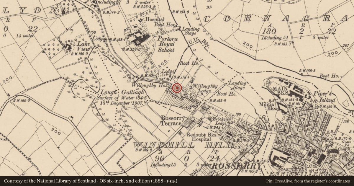 Ordnance Survey six-inch map, 2nd edition (1888–1915) covering the location of 36 Willoughby Place, Fermanagh and Omagh, with a pin at the register's coordinates