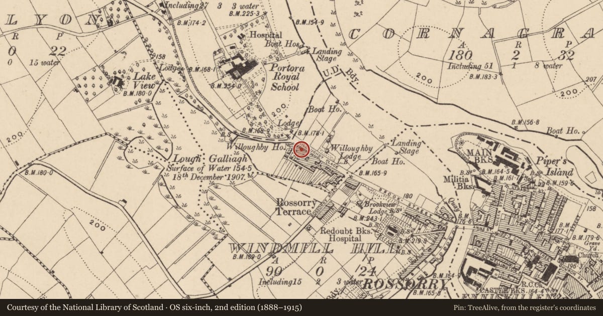 Ordnance Survey six-inch map, 2nd edition (1888–1915) covering the location of 38 Willoughby Place, Fermanagh and Omagh, with a pin at the register's coordinates