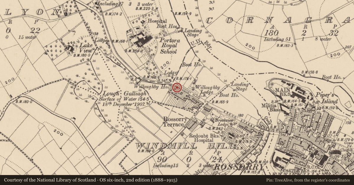 Ordnance Survey six-inch map, 2nd edition (1888–1915) covering the location of 40 Willoughby Place, Fermanagh and Omagh, with a pin at the register's coordinates