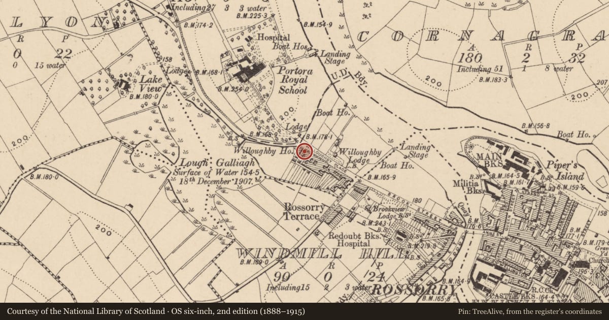 Ordnance Survey six-inch map, 2nd edition (1888–1915) covering the location of 42 Willoughby Place, Fermanagh and Omagh, with a pin at the register's coordinates