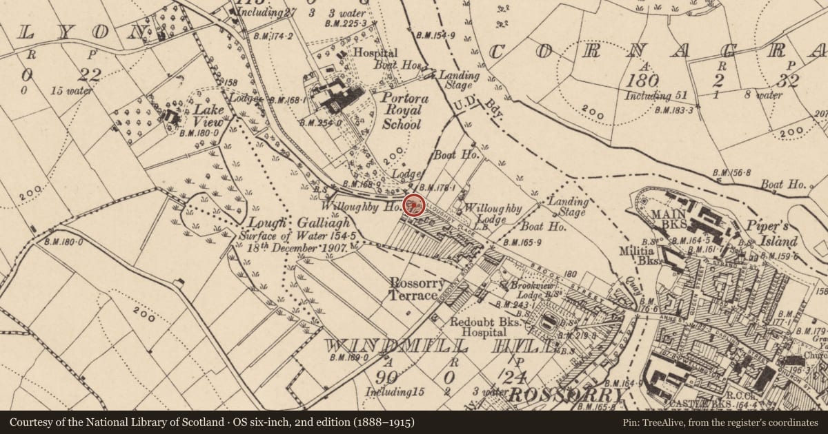 Ordnance Survey six-inch map, 2nd edition (1888–1915) covering the location of 44 Willoughby Place, Fermanagh and Omagh, with a pin at the register's coordinates