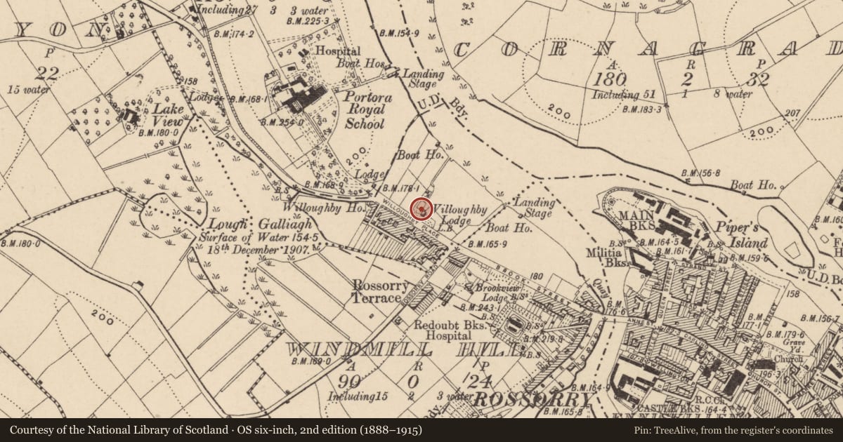 Ordnance Survey six-inch map, 2nd edition (1888–1915) covering the location of Willoughby Lodge, Fermanagh and Omagh, with a pin at the register's coordinates