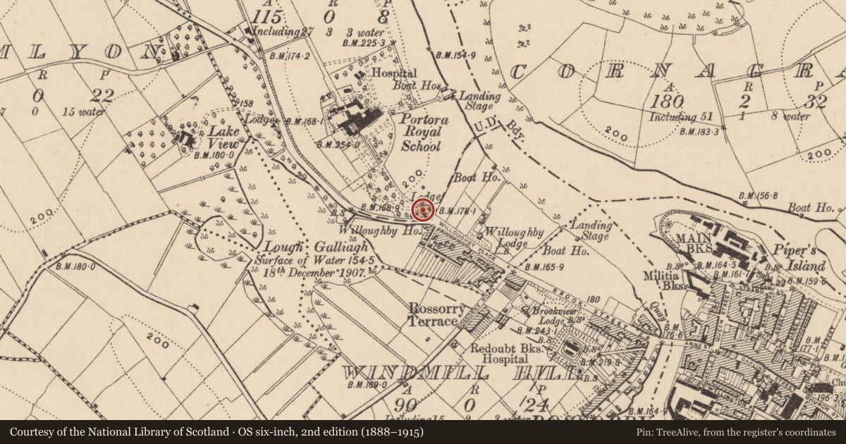 Ordnance Survey six-inch map, 2nd edition (1888–1915) covering the location of Entrance Gate Screen, Fermanagh and Omagh, with a pin at the register's coordinates
