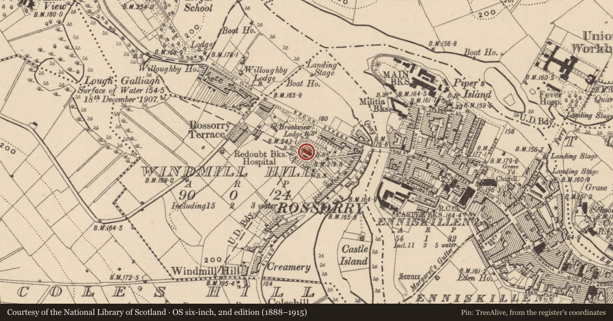 Ordnance Survey six-inch map, 2nd edition (1888–1915) covering the location of Connacht House, Fermanagh and Omagh, with a pin at the register's coordinates