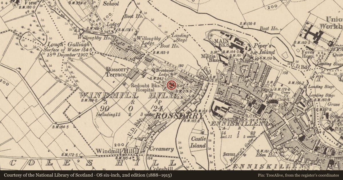 Ordnance Survey six-inch map, 2nd edition (1888–1915) covering the location of Castle Redoubt Fortifications At Connacht House, Fermanagh and Omagh, with a pin at the register's coordinates