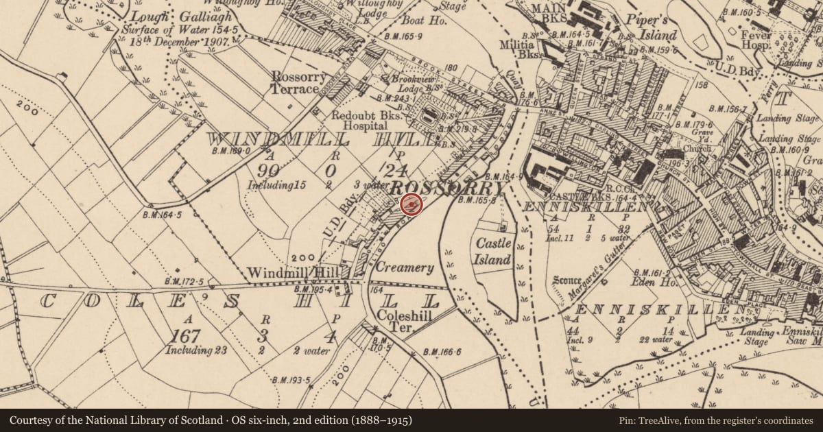 Ordnance Survey six-inch map, 2nd edition (1888–1915) covering the location of Thistlebank House, Enniskillen, Fermanagh and Omagh, with a pin at the register's coordinates