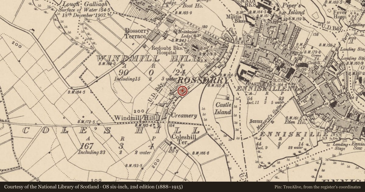 Ordnance Survey six-inch map, 2nd edition (1888–1915) covering the location of Former Scottish Cooperative Wholesale Society factory ('The Scotch Stores'), Enniskillen, Fermanagh and Omagh, with a pin at the register's coordinates
